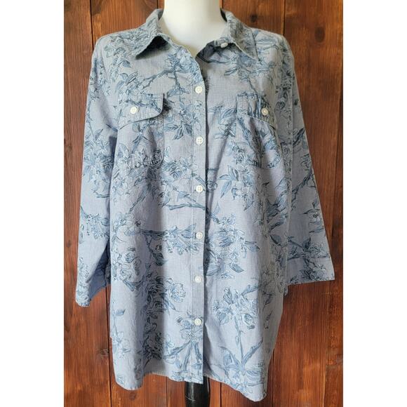 Croft & Barrow Women XL Blue Floral Button Up Shirt 100% Cotton Roll Tab Sleeves - Picture 1 of 10